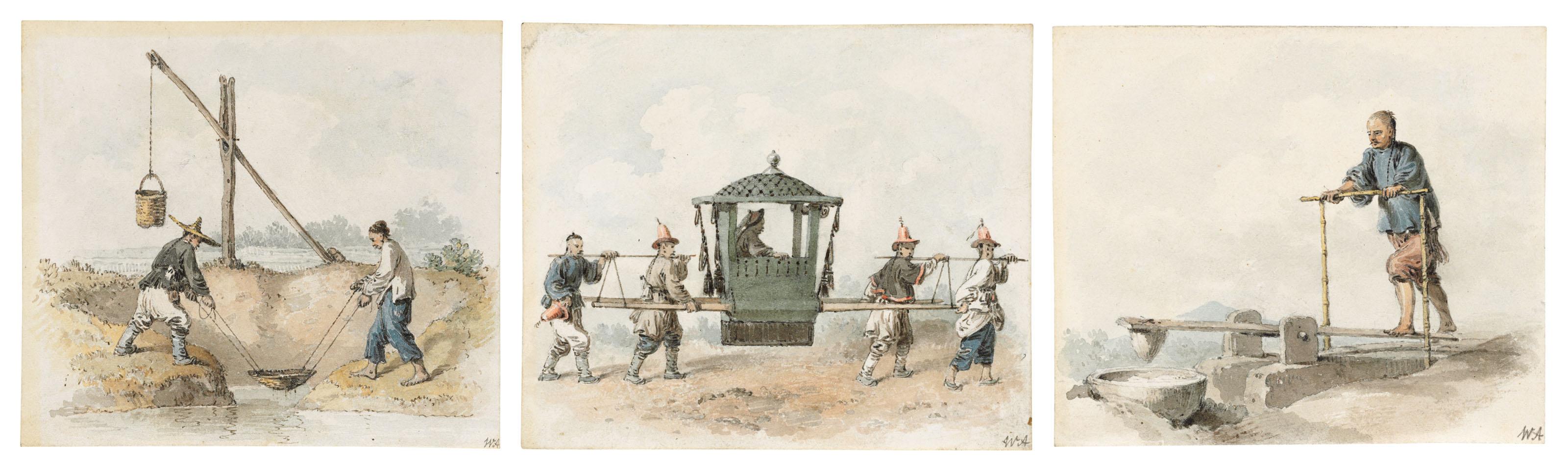 William Alexander - Three Chinese studies: Two men panning in a river; A man carried in a sedan chair; and Crushing rice