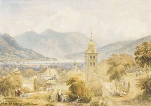 William-Alfred Delamotte - Vue de Sallanches avec le Clocher, le Mont-Blanc au fond