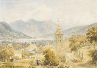 William-Alfred Delamotte - Vue de Sallanches avec le Clocher, le Mont-Blanc au fond