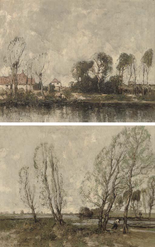 William Alfred Gibson - A figure on a river bank with cottages beyond; and A figure on a riverside track