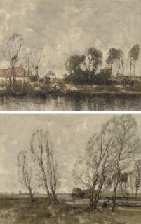 William Alfred Gibson - A figure on a river bank with cottages beyond; and A figure on a riverside track