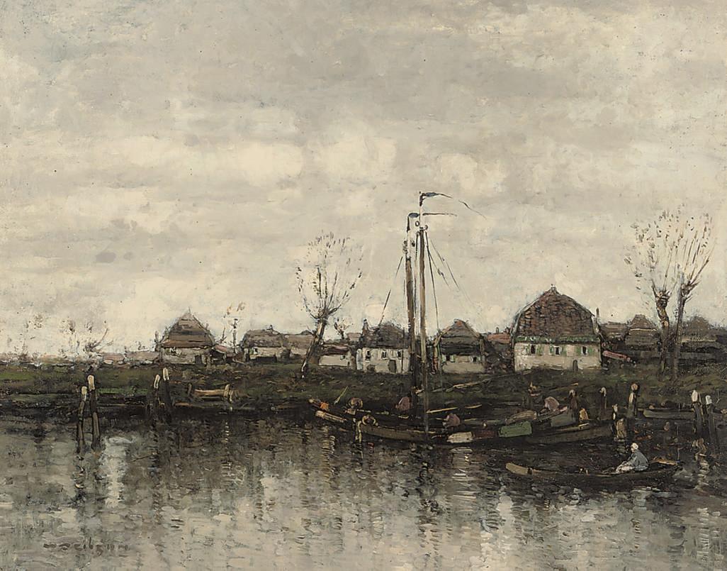 William Alfred Gibson - Barges On A Dutch Canal