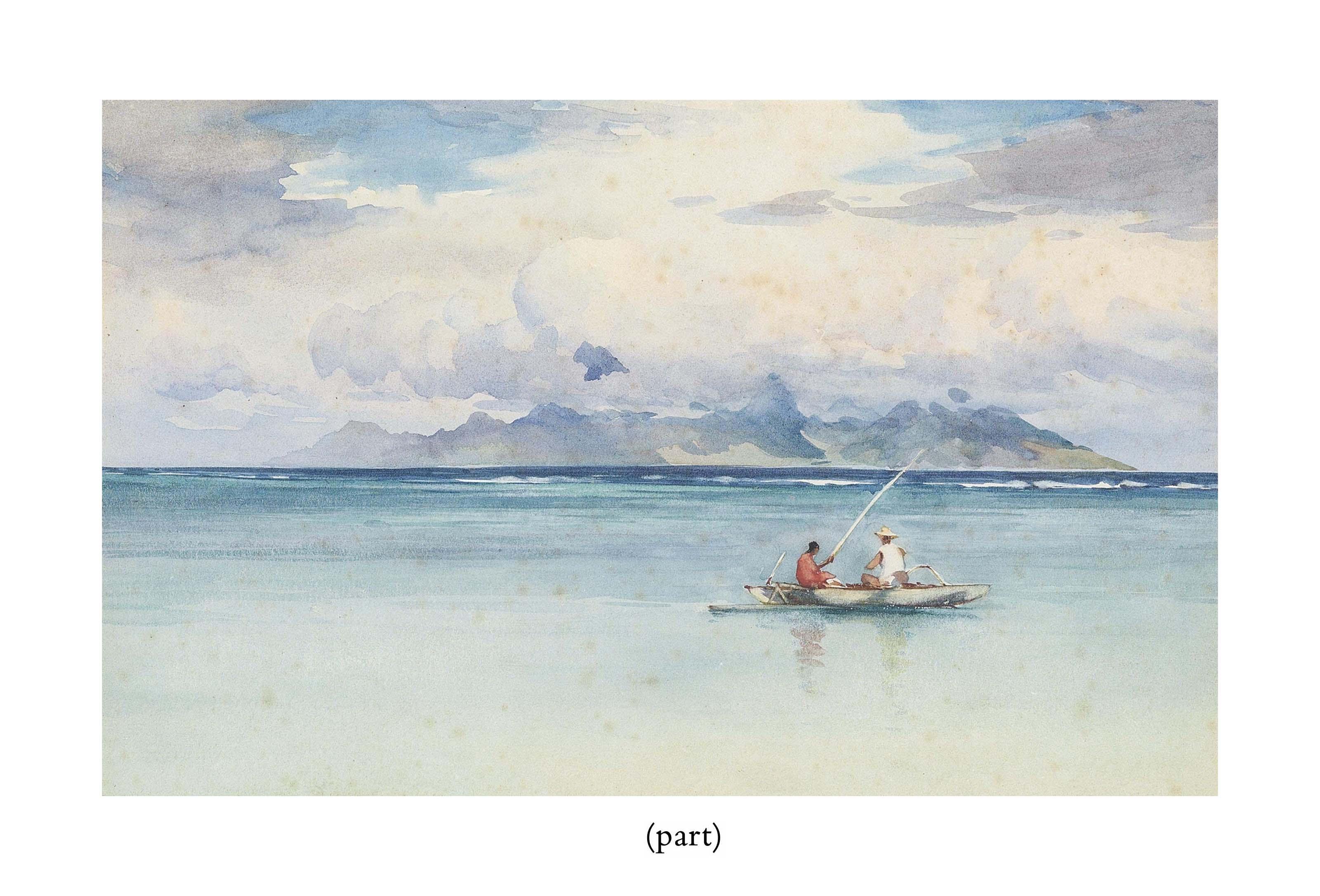 William Alistair Macdonald - Tahitians fishing in an outrigger in the lagoon, the reef and Moorea beyond