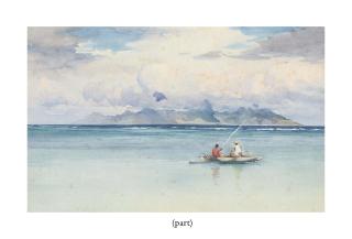 William Alistair Macdonald - Tahitians fishing in an outrigger in the lagoon, the reef and Moorea beyond