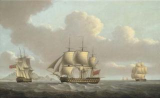 William Anderson - A 74 gun third rate in two positions off Table Bay, Cape of Good Hope, with Table Mountain in the distance