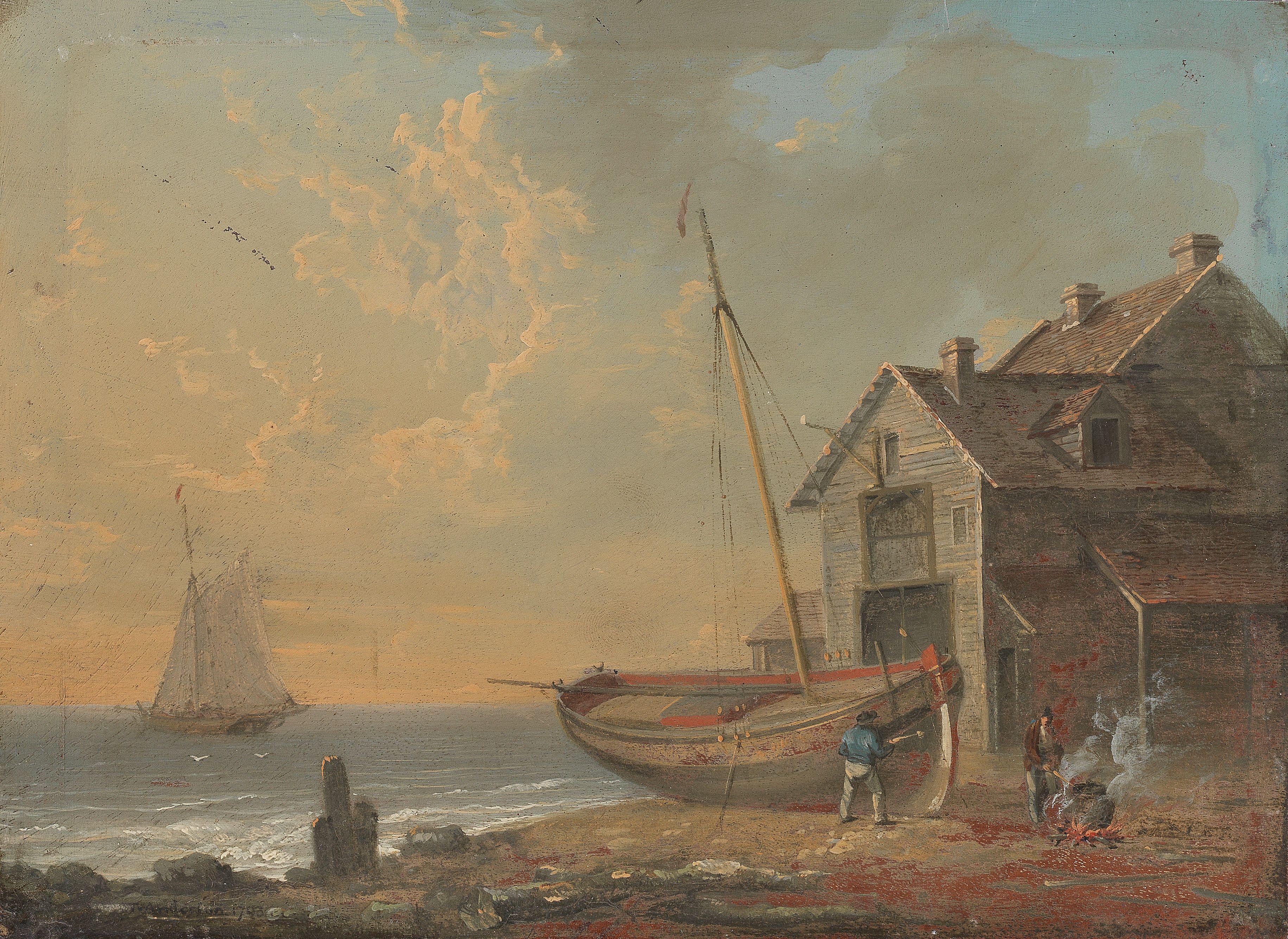 William Anderson - A beach scene with figures caulking a boat, a vessel offshore unframed