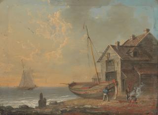 William Anderson - A beach scene with figures caulking a boat, a vessel offshore unframed