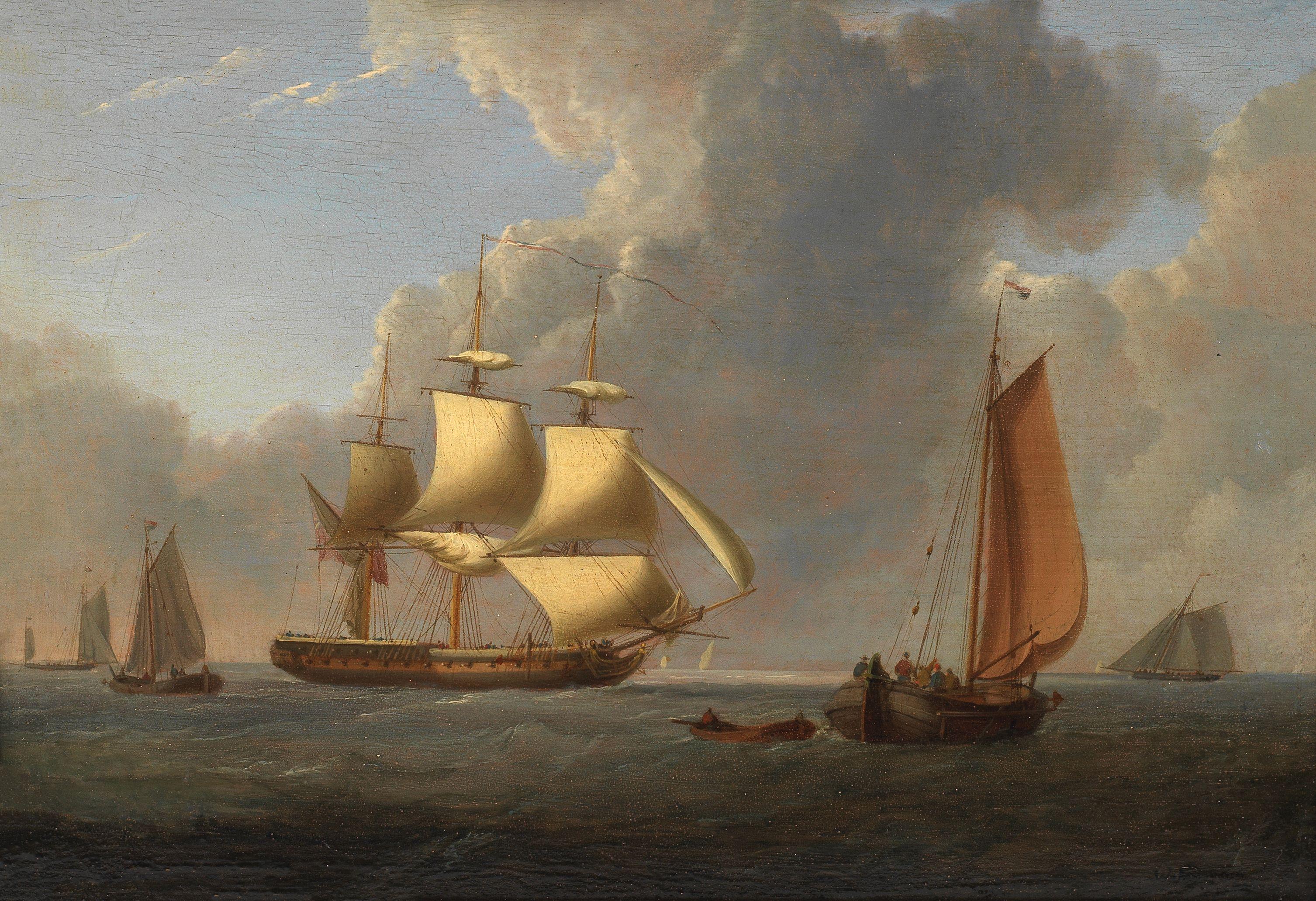 William Anderson - A British frigate threading her way through busy coastal waters in a light breeze; A departing Dutch man-o-war receiving a salute from an armed ketch inshore each 18.7 x 27cm (7 3/8 x 10 5/8in). (2)