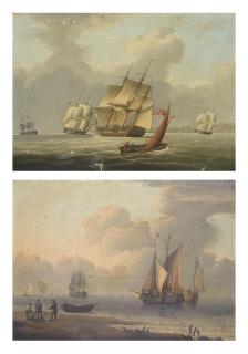 William Anderson - A frigate and other shipping heeling in the breeze in coastal waters; and Barges and other shipping in a calm off the Dutch coast, with fishermen on the beach in the foreground (both illustrated)