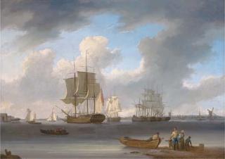 William Anderson - A three-master and other ships on the Thames at Millwall, with colliers moored in the middle of the river