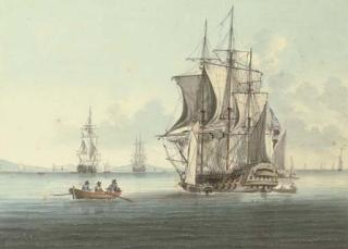 William Anderson - A two-decker lying at anchor, drying her sails as she takes on stores