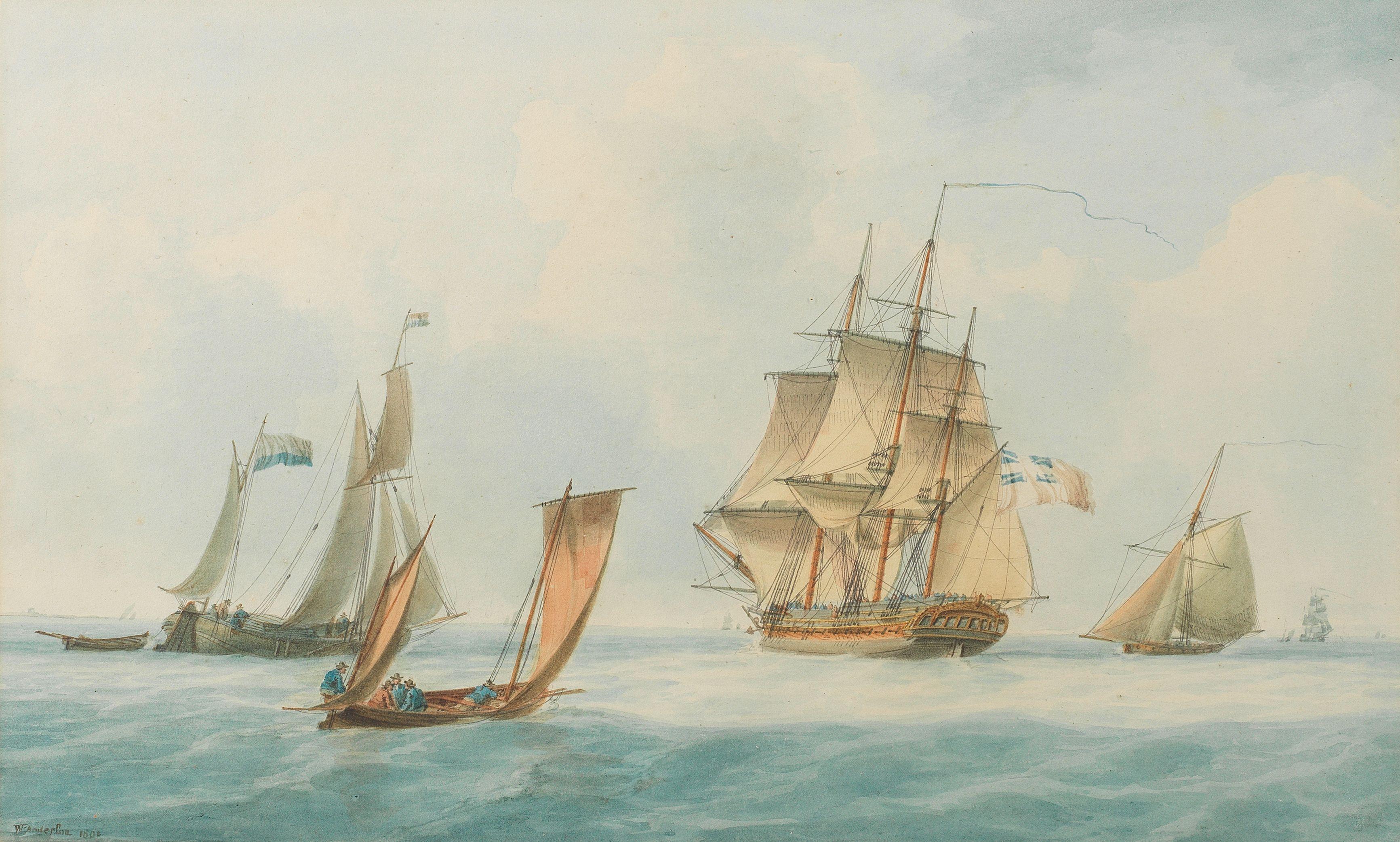William Anderson - An English frigate in coastal waters with a Dutch hoy and other small craft close by
