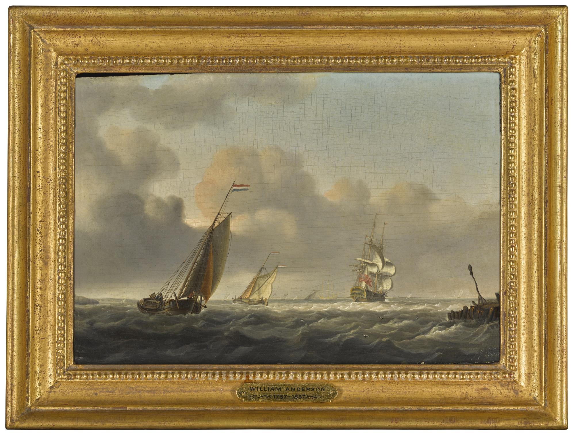 William Anderson - Dutch Barges Running Inshore In A Breeze, An English Man-O\'-War Beyond