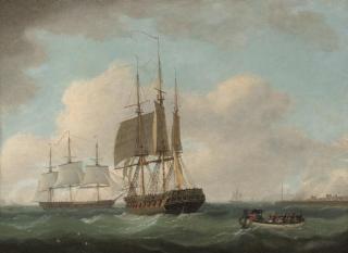 William Anderson - English frigates hove-to off a port, with officers being rowed ashore