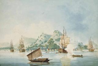 William Anderson - Frigates Of The Royal Navy Lying At Anchor Off Penang, With One Firing A Salute To Announce Their Arrival