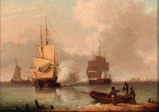 William Anderson - Men-o\'war preparing to sail with one firing a salute