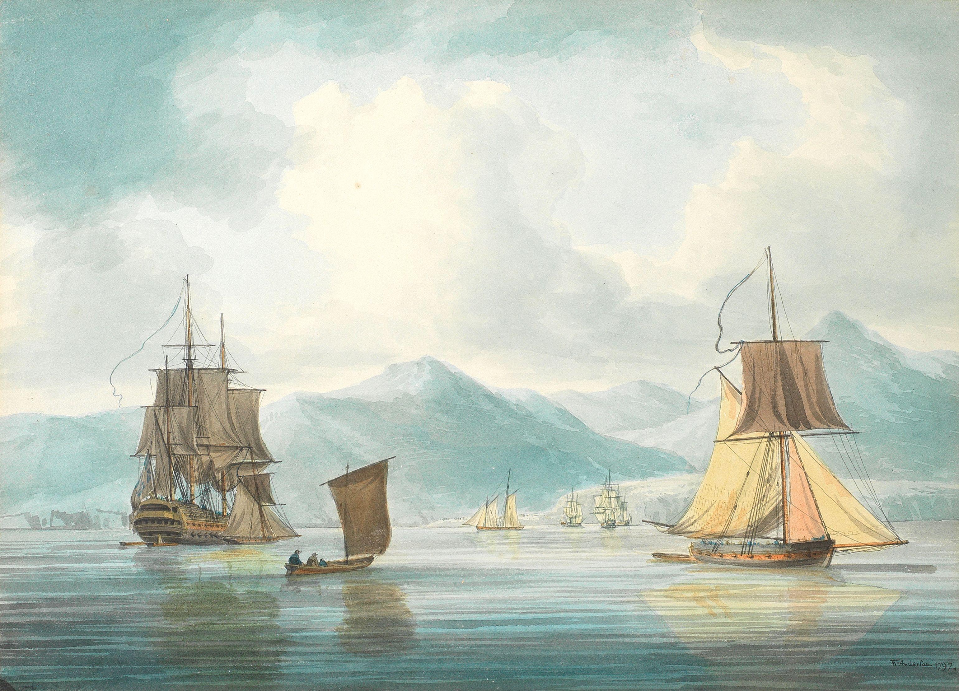 William Anderson - Shipping in calm seas off St Helena
