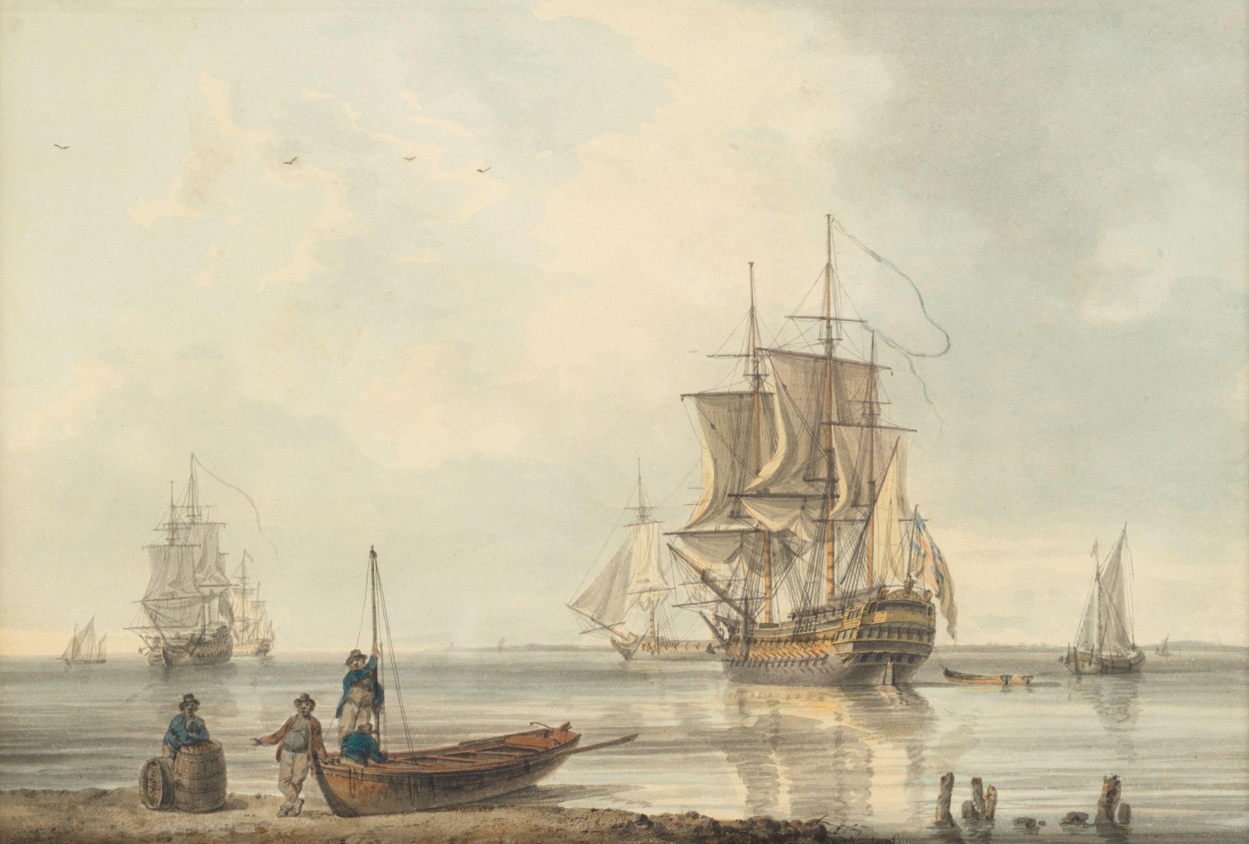 William Anderson - Ships at anchor with figures on the foreshore