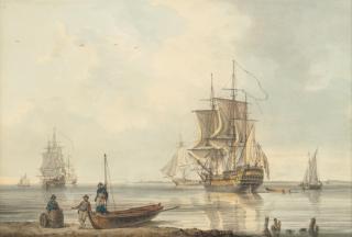 William Anderson - Ships at anchor with figures on the foreshore
