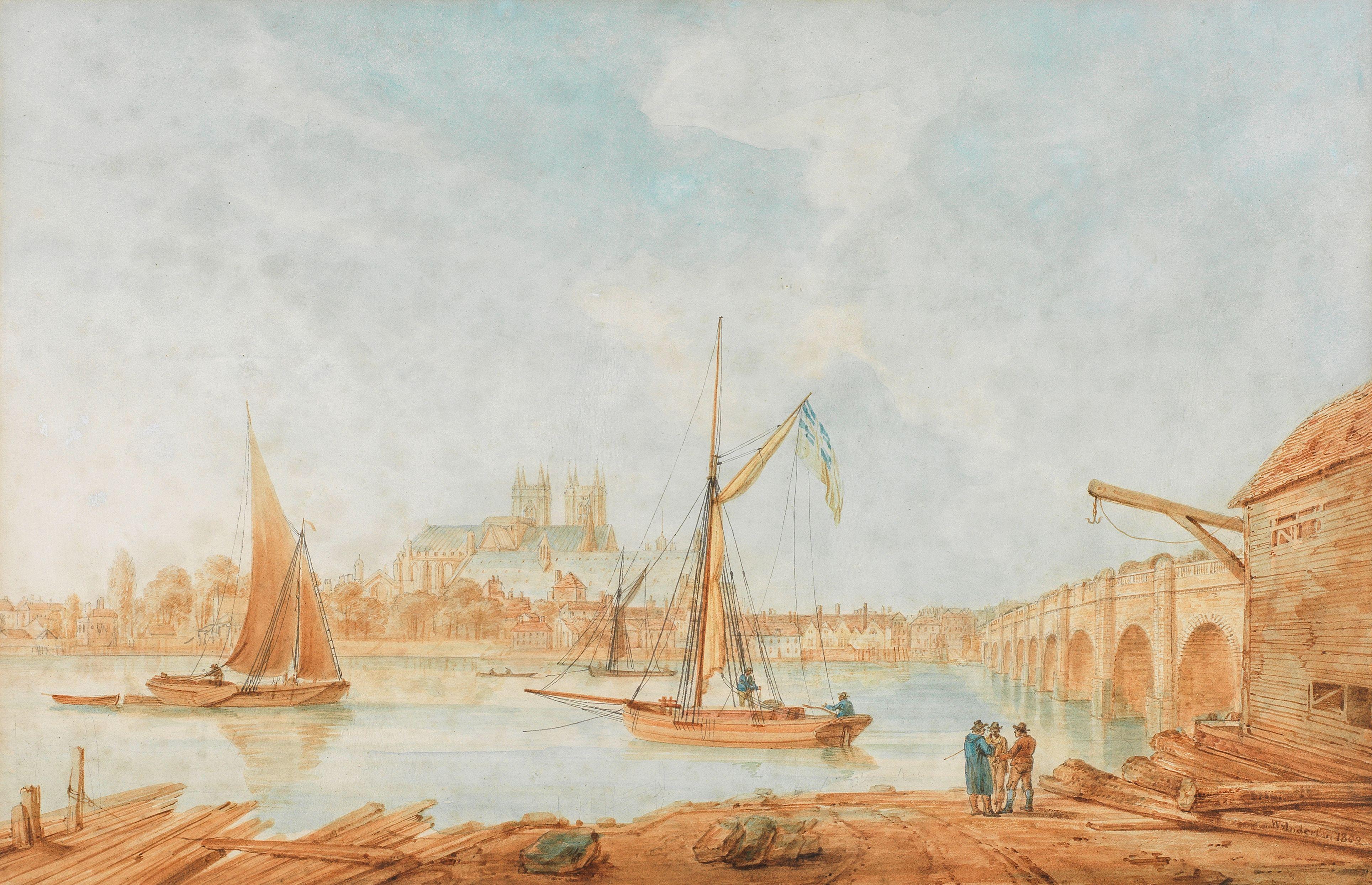 William Anderson - Westminster Abbey from the South Bank of the Thames; The Tower of London from the Thames, a pair each 28.9 x 44.5cm (11 3/8 x 17 1/2in). (2)