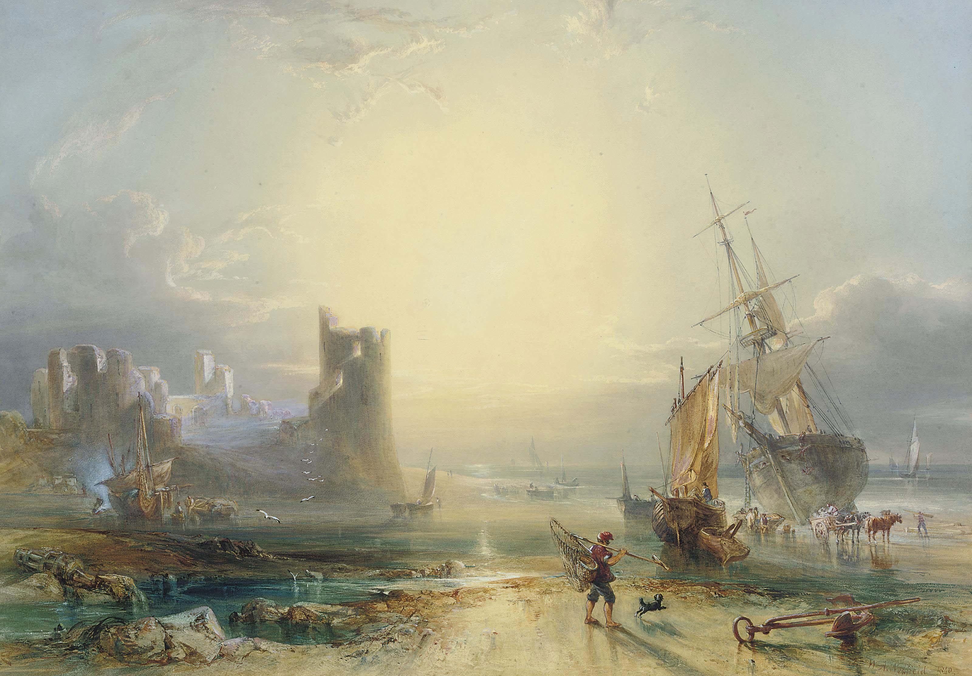 William Andrews Nesfield - Unloading the catch before a ruined castle at sunset