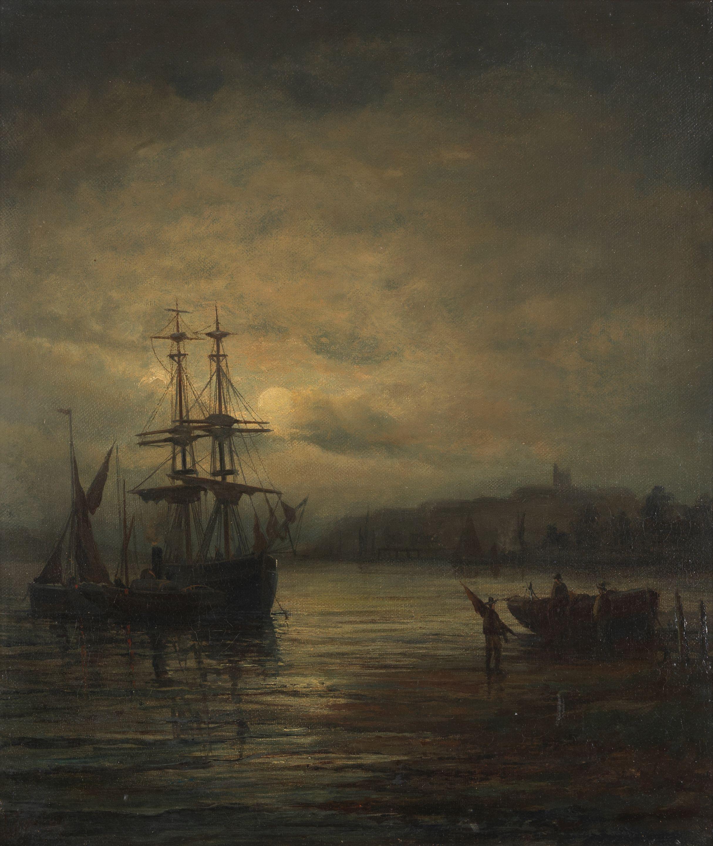 William Anslow Thornbery - Fishing boats off Scarborough by moonlight