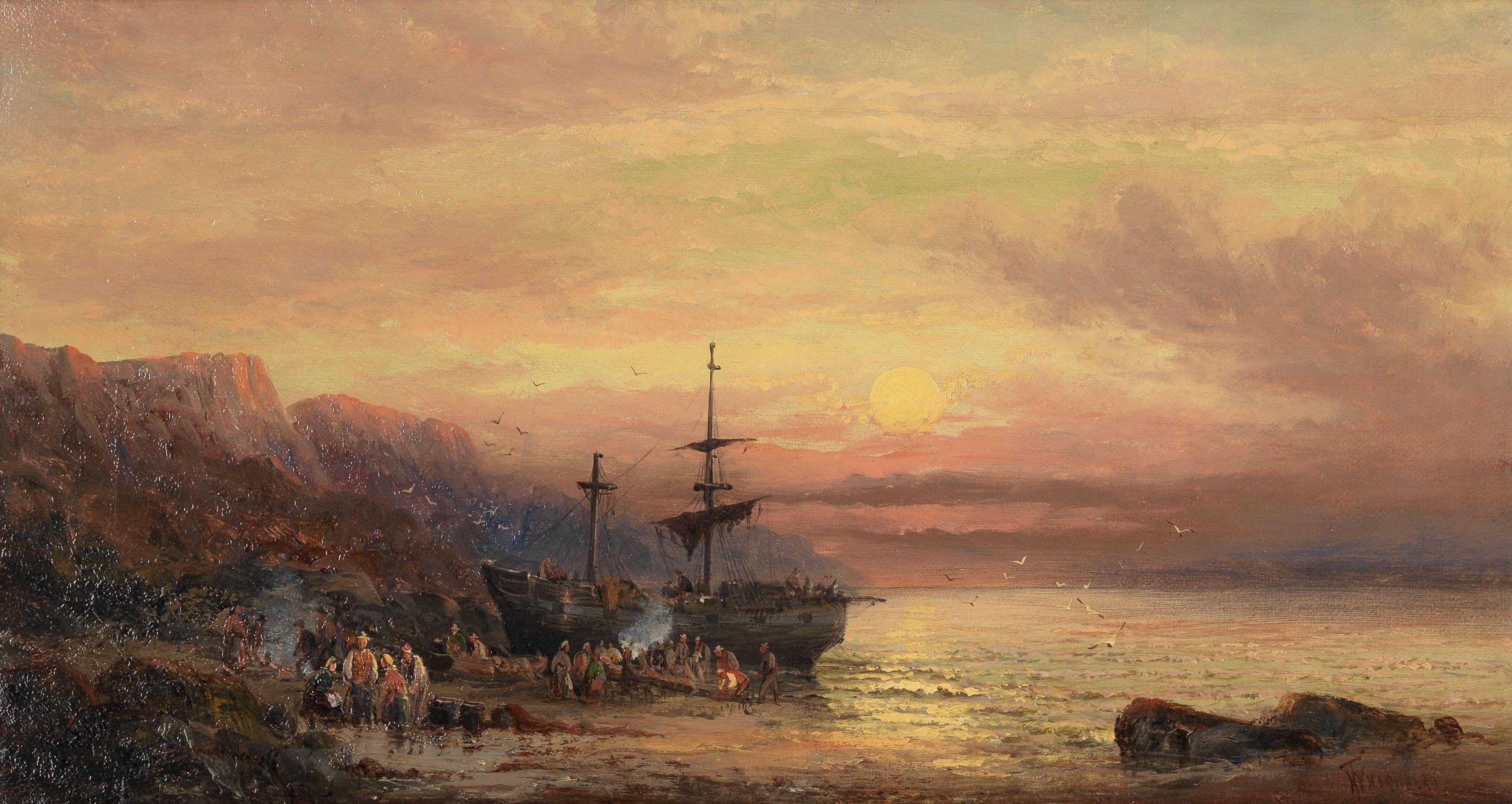 William Anslow Thornley - Fisherfolk and their catch, on the shore at dusk