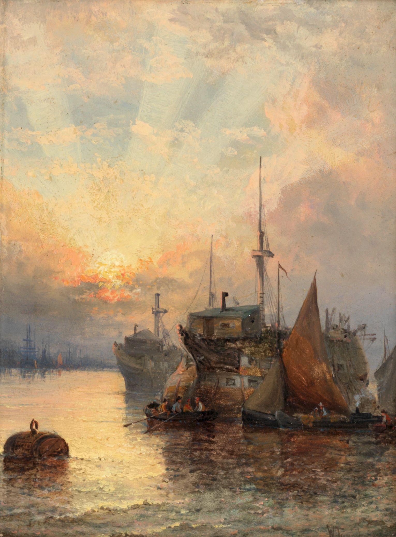 William Anslow Thornley - Harbour scene at sunset; Harbour scene at moonlight, a pair each 22.5 x 17.1cm (8 7/8 x 6 3/4in). (2)