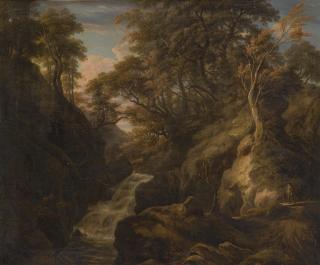 William Ashford, P.R.H.A. - A Wooded Landscape With A Waterfall And A Fisherman Walking Along A Path