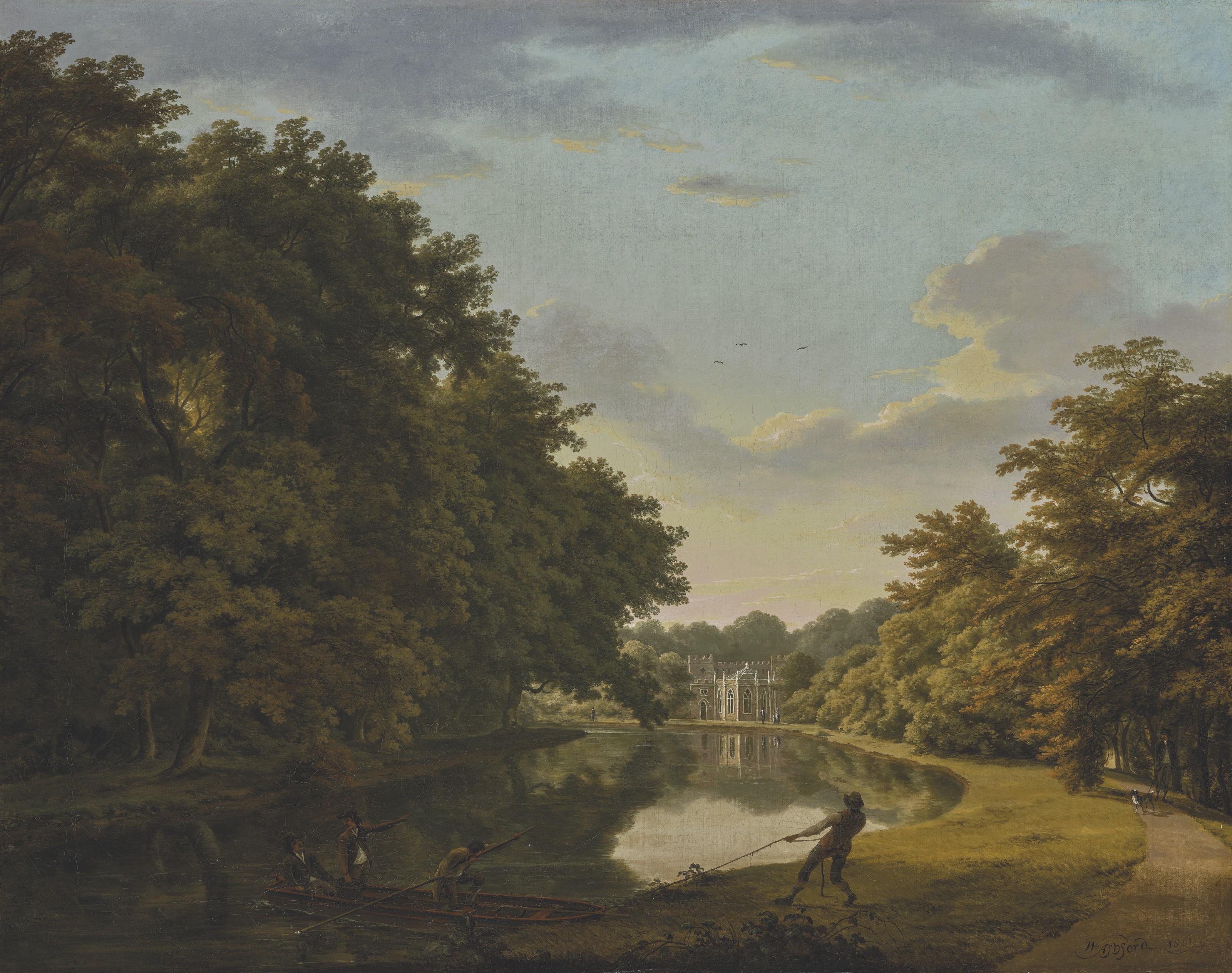 William Ashford, P.R.H.A. - The River Clodiagh at Charleville Forest, Co. Offaly, with the castellated farm buildings and gothic dairy in the distance