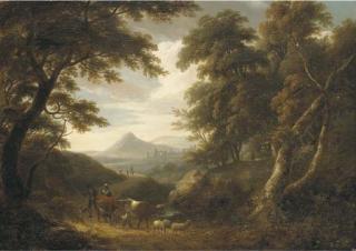 William Ashford - A wooded landscape, with figures and livestock on a path and ruins beyond