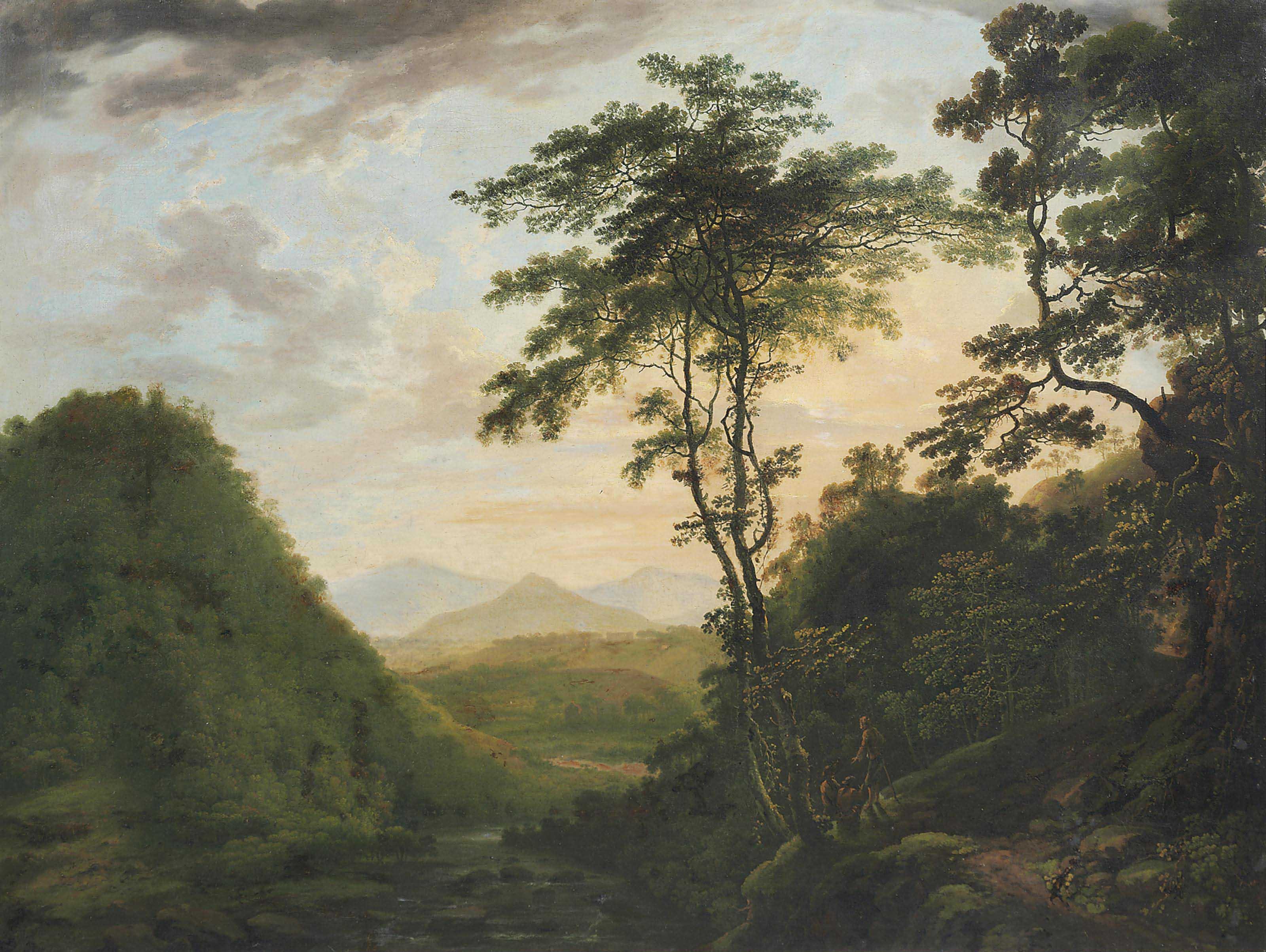William Ashford - A wooded river landscape looking towards the Sugar Loaf from the Scalp, Co Wicklow, with Powerscourt in the distance