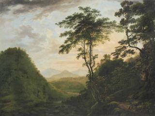 William Ashford - A wooded river landscape looking towards the Sugar Loaf from the Scalp, Co Wicklow, with Powerscourt in the distance