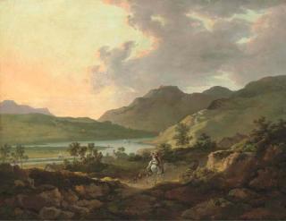 William Ashford - Mountainous Lake Landscape With Travellers On A Path In The Foreground And Boats On The Lake Beyond