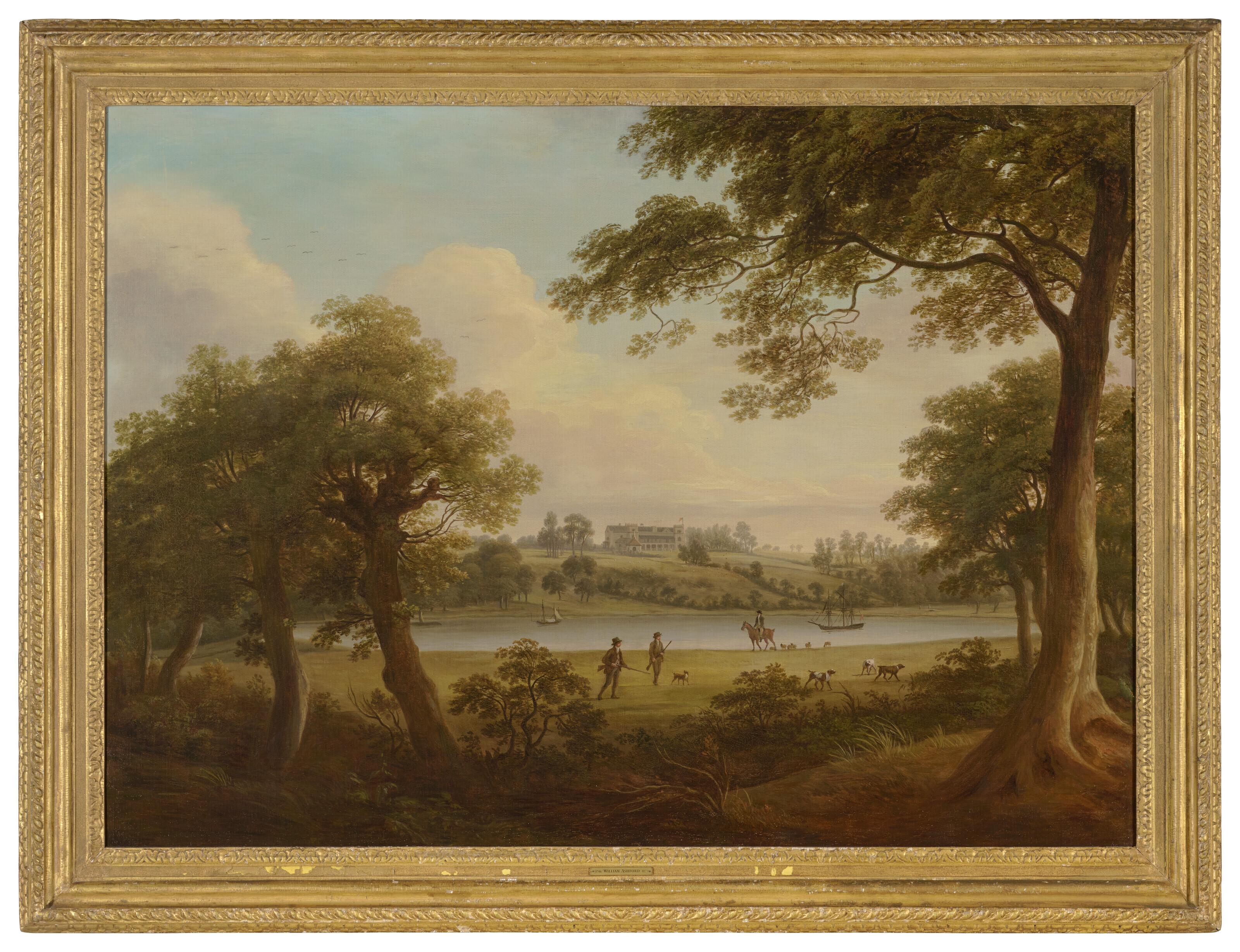 William Ashford - Sportsmen in a wooded river landscape, a country house beyond