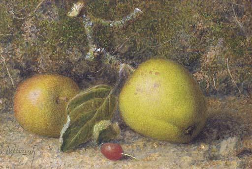 William B. Hough - Still-Life of Apples On A Mossy Bank With A Rosehip; Plums On A Mossy Bank With A Rosehip; And A Mushroom On A Mossy Bank With A Rosehip