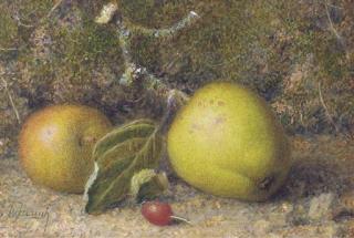 William B. Hough - Still-Life of Apples On A Mossy Bank With A Rosehip; Plums On A Mossy Bank With A Rosehip; And A Mushroom On A Mossy Bank With A Rosehip