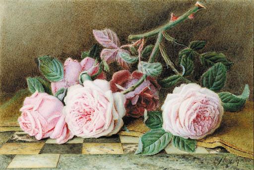 William B. Hough - Still-Life Of Pink Roses On A Marble Topped Table
