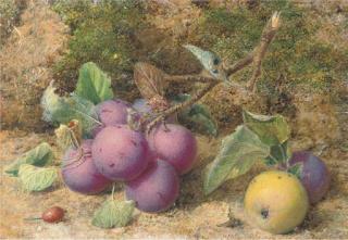 William B. Hough - Still Life of Plums And An Apple On A Mossy Bank