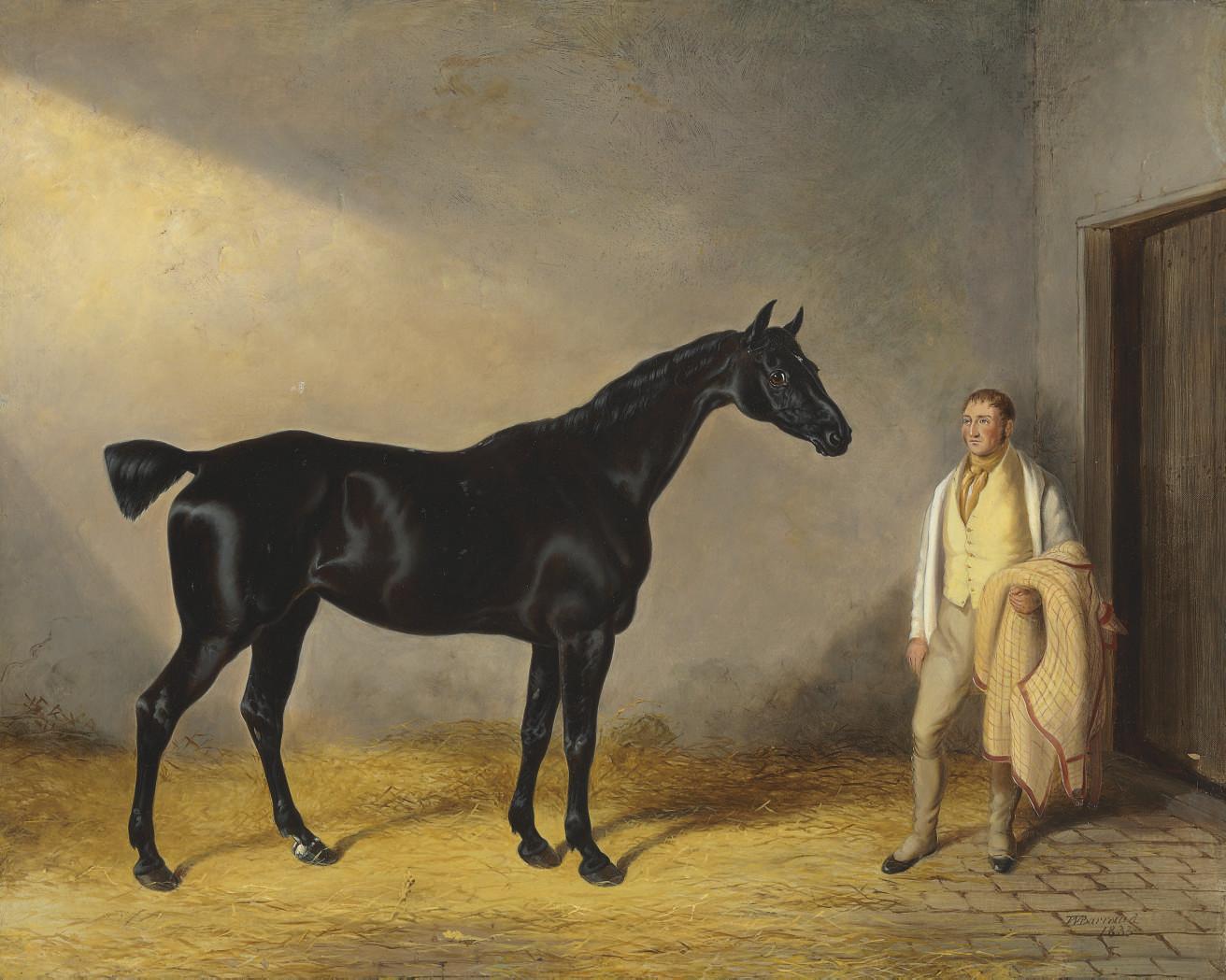 William Barraud - A dark bay hunter with a groom in a stable