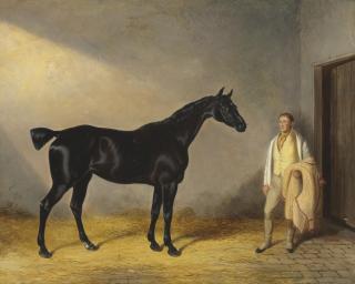 William Barraud - A dark bay hunter with a groom in a stable