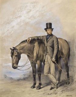 William Barraud - Portrait of a gentleman, standing full-length beside a horse, his crop in his hand