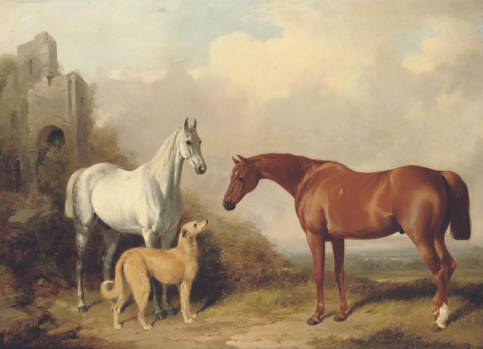 William Barraud - Two hunters and a deerhound, in a landscape with ruins