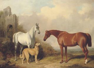 William Barraud - Two hunters and a deerhound, in a landscape with ruins