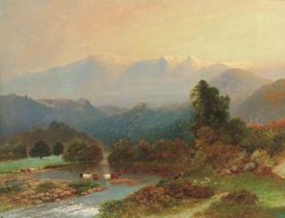 William Beattie Brown - Cattle watering in a highland landscape