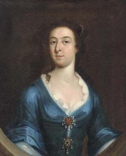 William Bennett - Portrait of Robert Bullough, bust-length, wearing a red velvet jacket and white cravat; and Portrait of his wife, Sarah, bust-length, wearing a blue dress with lace borders and two brooches, in a feigned oval