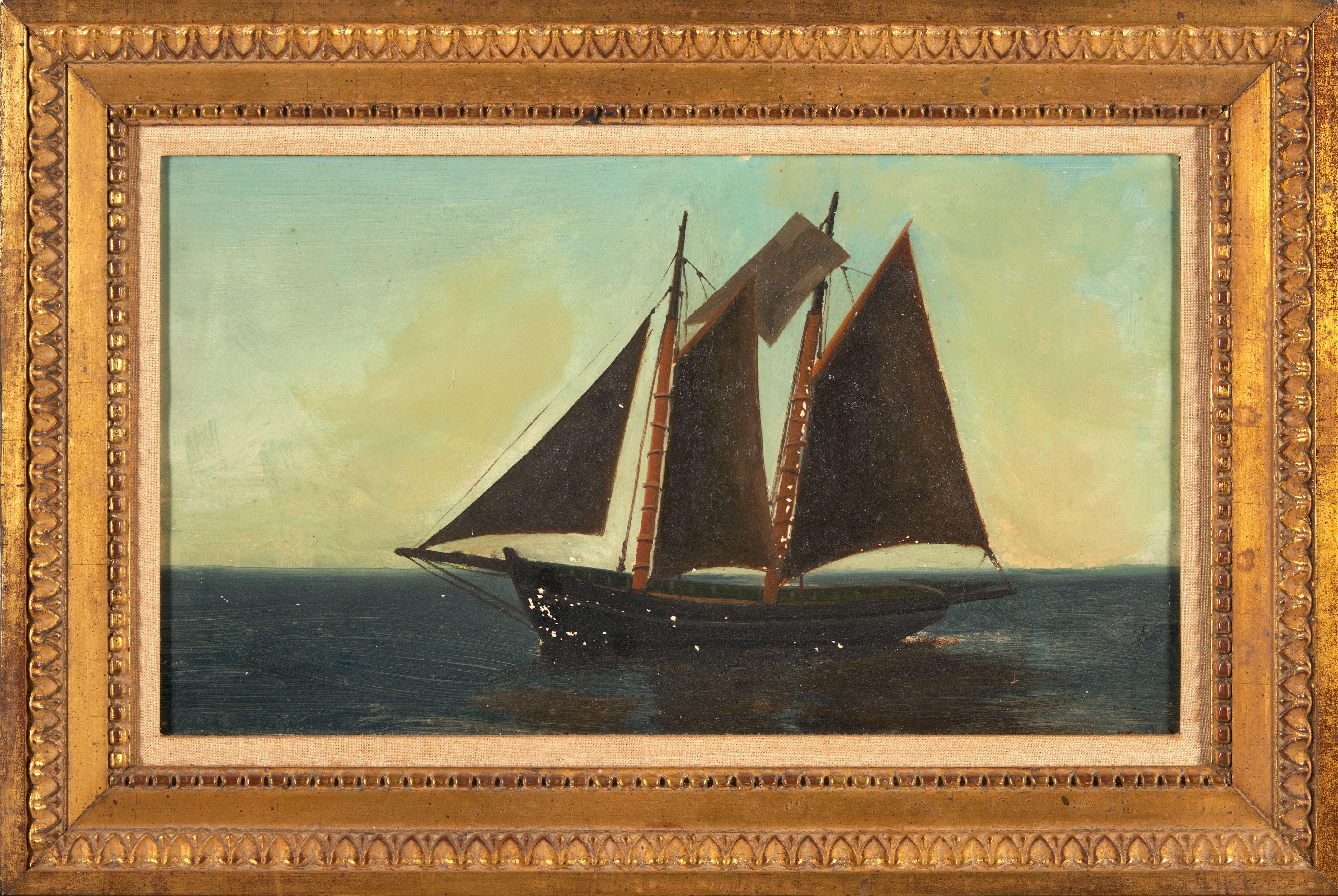 William Bradford - Study of a Sailboat. Depicting silhouetted two-masted boat at sea, paperboard support mounted on stretched canvas and framed, (flaking).