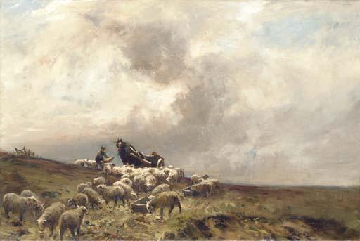 William Bradley Lamond - A shepherd and his sheep in a moorland landscape