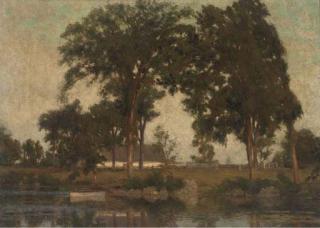 William Brymner - A boat on a lake, a farmstead beyond