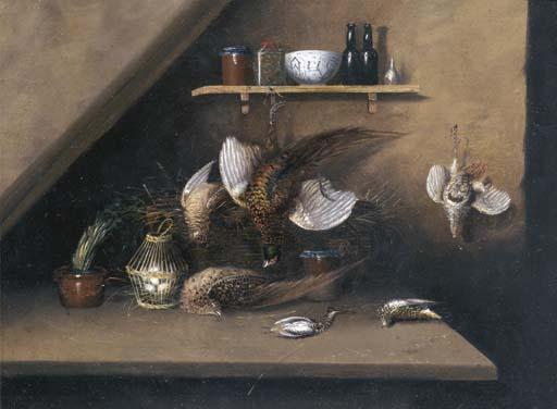 William Buelow Gould - Still Life With Dead Game And Bottles And Jars On Shelf